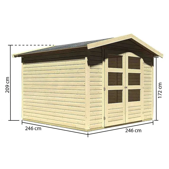 Karibu Gartenhaus Amberg - L x B: 246 x 246 cm, Wandstärke: 19 mm, Satteldach - Linke Seitenansicht