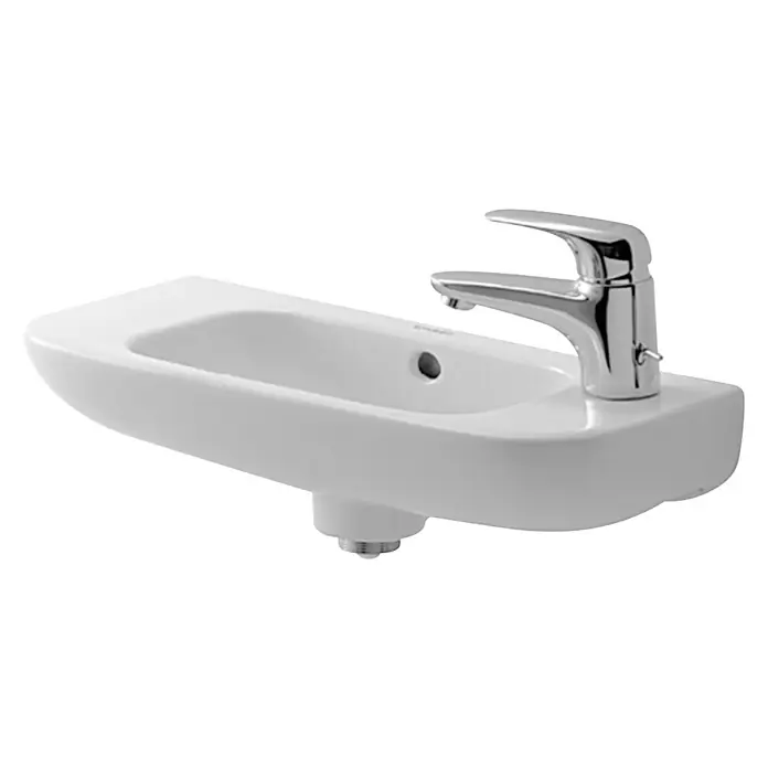 Duravit D-Code Waschbecken - 50 x 22 cm, Ohne Spezialglasur, Hahnloch: Rechts, Mit Überlauf, Weiß - Vorderansicht