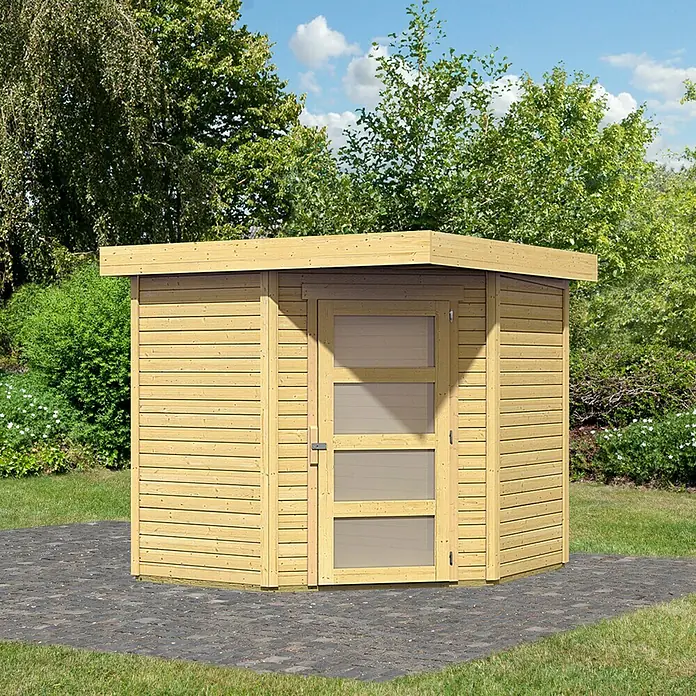Karibu Gartenhaus Schwandorf 3 - 242 x 238 cm, Wandstärke: 19 mm, Flachdach, Natur - Vorderansicht