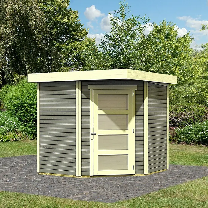 Karibu Gartenhaus Schwandorf 3 - 242 x 238 cm, Wandstärke: 19 mm, Flachdach, Terragrau, Weiß - Vorderansicht
