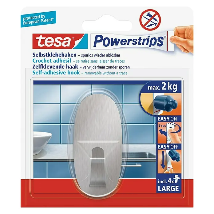 Tesa Powerstrips Selbstklebehaken - Oval, Größe: L, Metallic, 1 Stk. - Vorderansicht