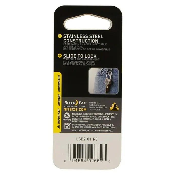Nite Ize Doppelkarabiner Slide Lock - 50 x 22 mm, Edelstahl, Schwarz, Zugfestigkeit: 4,5 kg - Rückansicht