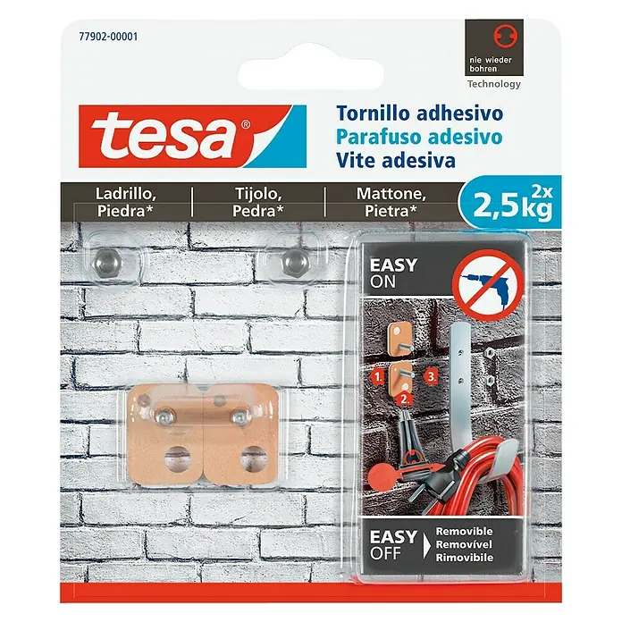 Tesa Tornillo adhesivo - Apto para: Ladrillo, Carga soportada: 2,5 kg, 2 uds., Rectangular
