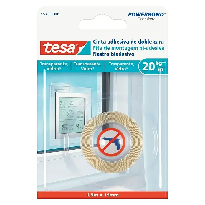 Tesa Powerbond Cinta de doble cara Vidrio - L x An: 1,5 m x 1,9 cm, Transparente