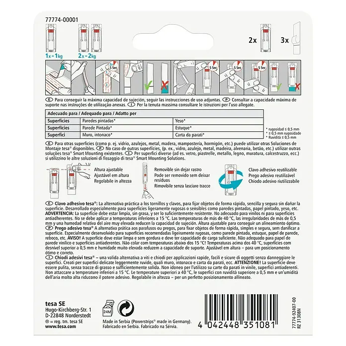 Tesa Clavo adhesivo ajustable - Apto para: Paredes pintadas, Carga soportada: 1 kg, 2 uds., Blanco