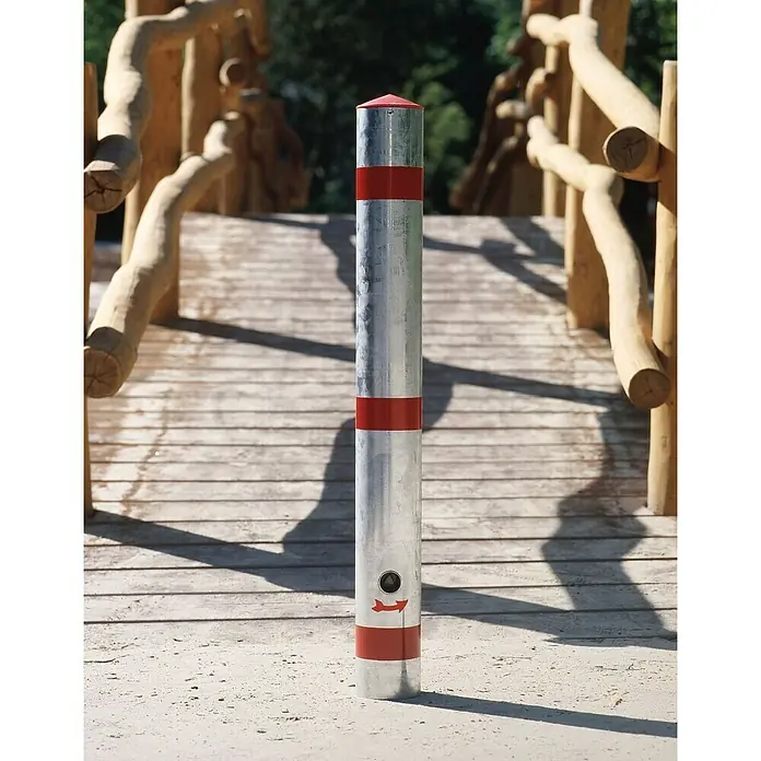 Sperrpfosten - Höhe über Boden: 900 mm, Durchmesser: 76 mm, Aluminium, Profilzylinderschloss, Montageart: Einbetonieren, Weiß/Rot