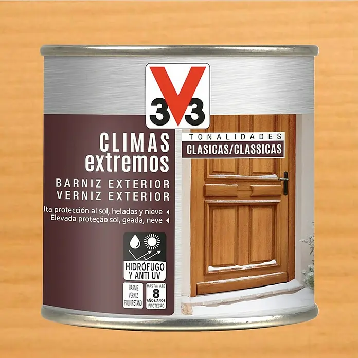 V33 Barniz para madera exterior Climas Extremos - Roble claro, Brillante, 250 ml