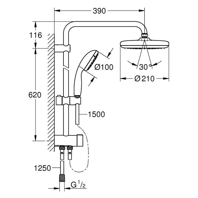 Grohe Vitalio Start Sustav tuš garniture - Razmak provrta: 62 cm, Broj vrsta mlaza: 2 Kom., Krom