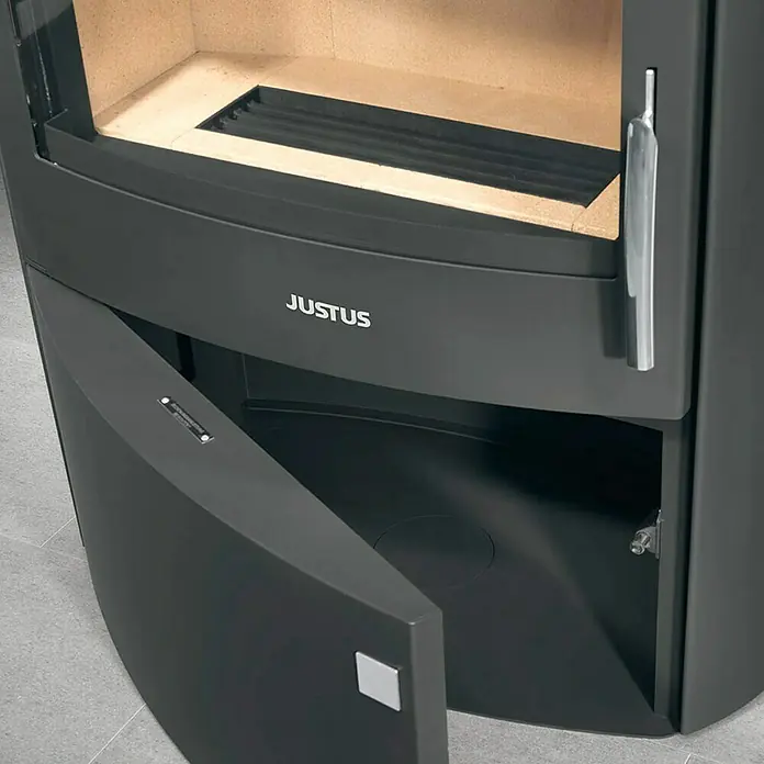 Justus Kaminofen Agero 2.0 - 7 kW, Raumheizvermögen: 144 m³, Verkleidung: Speckstein, Schwarz - Detailaufnahme