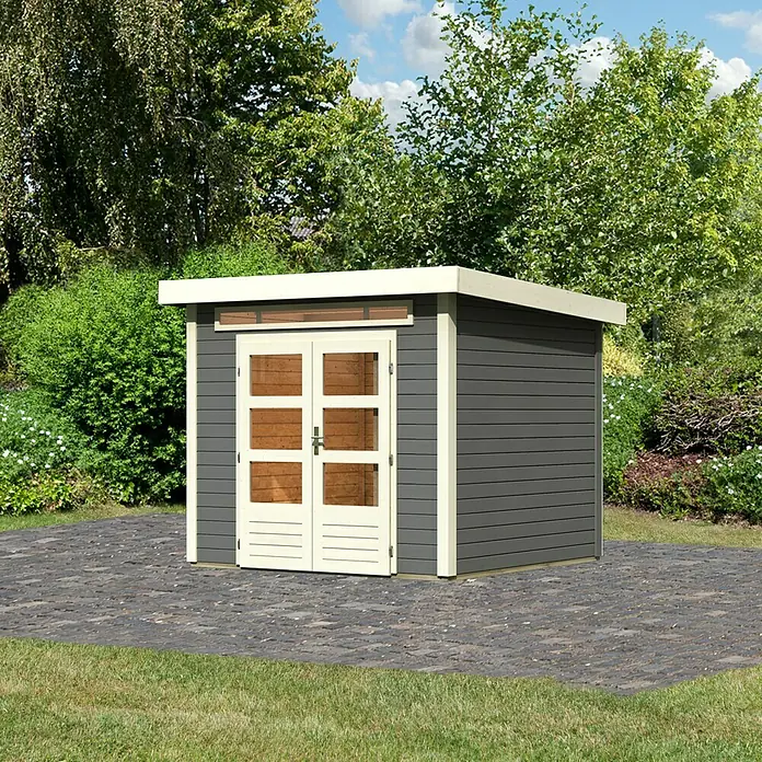 Karibu Gartenhaus Kandern 3 - 244 x 244 cm, Wandstärke: 28 mm, Flachdach, Terragrau - Linke Seitenansicht