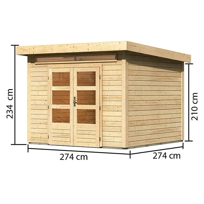 Karibu Gartenhaus Kandern 6 - 274 x 274 cm, Wandstärke: 28 mm, Flachdach, Natur - Linke Seitenansicht
