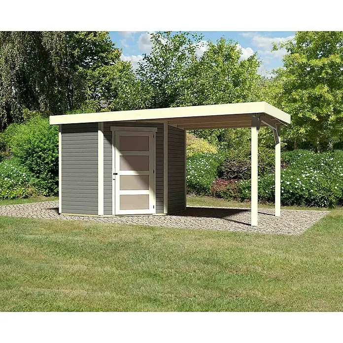 Karibu Gartenhaus Schwandorf 3 - 482 x 238 cm, Wandstärke: 19 mm, Flachdach, Weiß, Terragrau, Ausführung: Mit Anbau - Rechte Seitenansicht