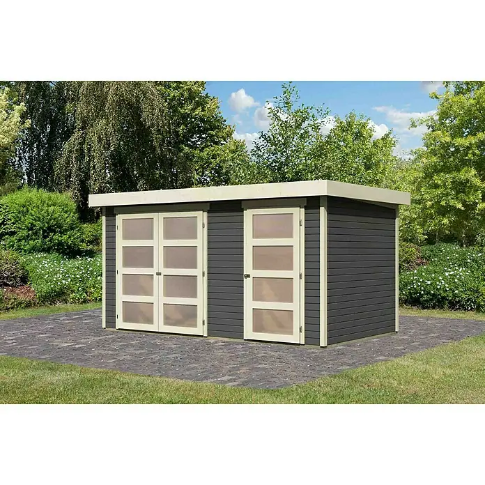 Karibu Gartenhaus Mühlentrup - 238 x 428 cm, 19 mm, Flachdach, Terragrau - Linke Seitenansicht