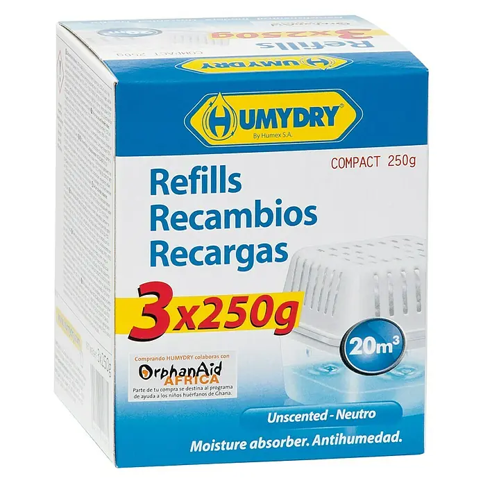 Humydry Pack de recambios para el deshumidificador Antihumedad - Neutral, 3 ud. x 250 g