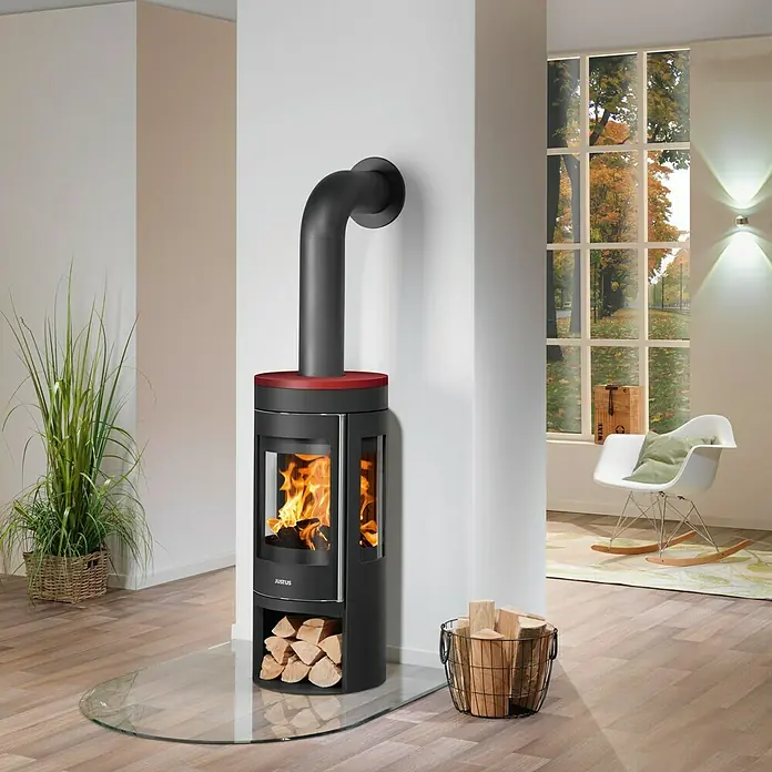 Justus Kaminofen Mino Trios 2.0 - 5 kW, Raumheizvermögen: 88 m³, Material Abdeckung: Keramik, Schwarz/Bordeaux