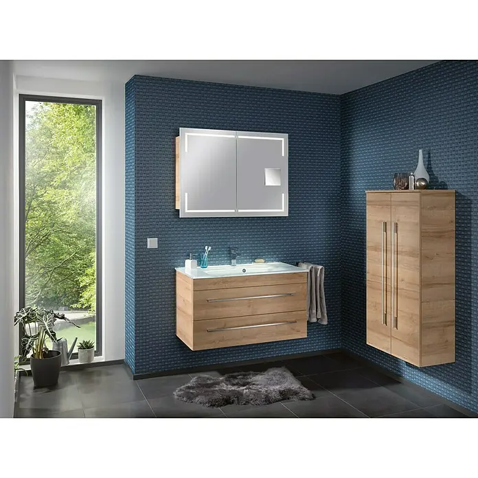 Camargue Stella Waschtischunterschrank - 79,4 x 48,9 x 55 cm, 2 Schubkästen, Ohne Beleuchtung, Berg Eiche - Stimmungsaufnahme