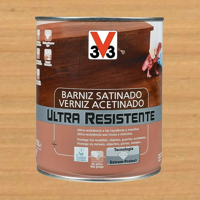 V33 Barniz para madera Satinado Ultra Resistente - Roble claro, Satinado, 750 ml