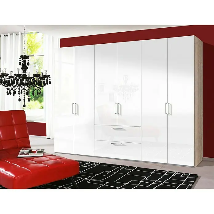 Express Möbel Drehtürschrank Brooklyn - L x B x H: 58 x 300 x 216 cm, Weiß/Sonoma Eiche, Ohne Spiegel, Lackiert, Anzahl Schubladen: 2 Stk. - Stimmungsaufnahme