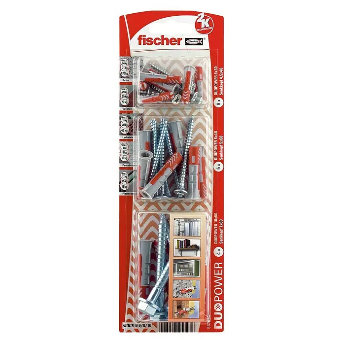 Fischer Duopower Dübel- & Schraubenbox 6/8/10 S K - Universaldübel, Mit Schrauben, 18 Stk.