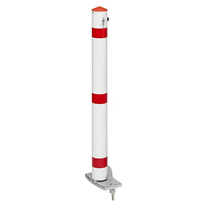 Sperrpfosten - Höhe über Boden: 900 mm, Durchmesser: 76 mm, Aluminium, Profilzylinderschloss, Montageart: Aufdübeln, Weiß/Rot - Vorderansicht