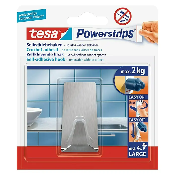Tesa Powerstrips Zelfklevende haak - Rechthoekig, Grootte: L, Metallic, 1 st. - Vooraanzicht