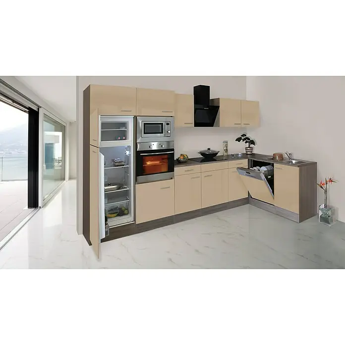 Respekta Winkelküche KBL340EYCMISGKE - 172 x 340 cm, Cappuccino Seidenglanz