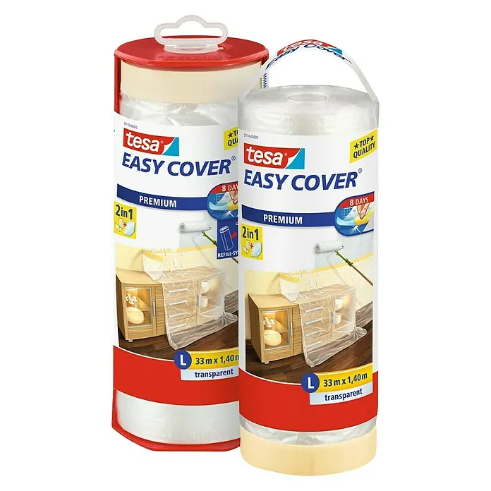 Tesa Easy Cover Premium Abdeckfolie - Ersatzrolle, 1,4 x 33 m, L, Einseitiger Kreppkleberand - Vorderansicht