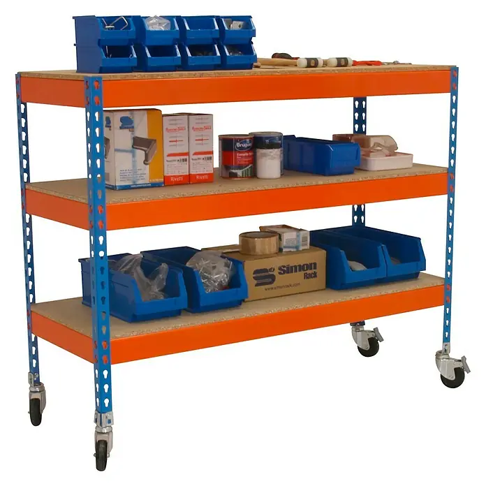 Simonrack Simonwork Mesa de trabajo Basic 3 Mobile - L x An x Al: 90 x 150 x 100 cm, Capacidad de carga: 120 kg, Azul/Naranja