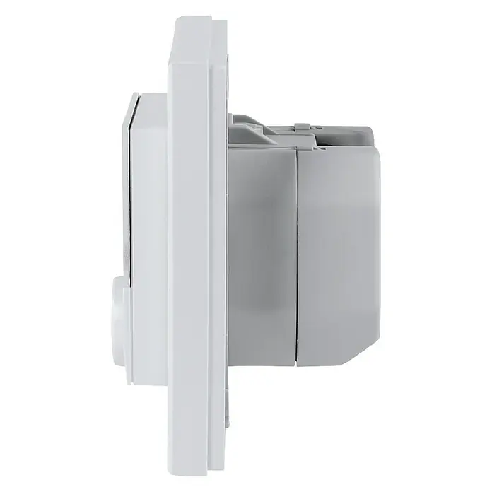 Homematic IP Funk-Raumthermostat HmIP-BWTH - Netzbetrieben, 230 V/50 Hz, 54 x 86 x 86 mm - Linke Seitenansicht