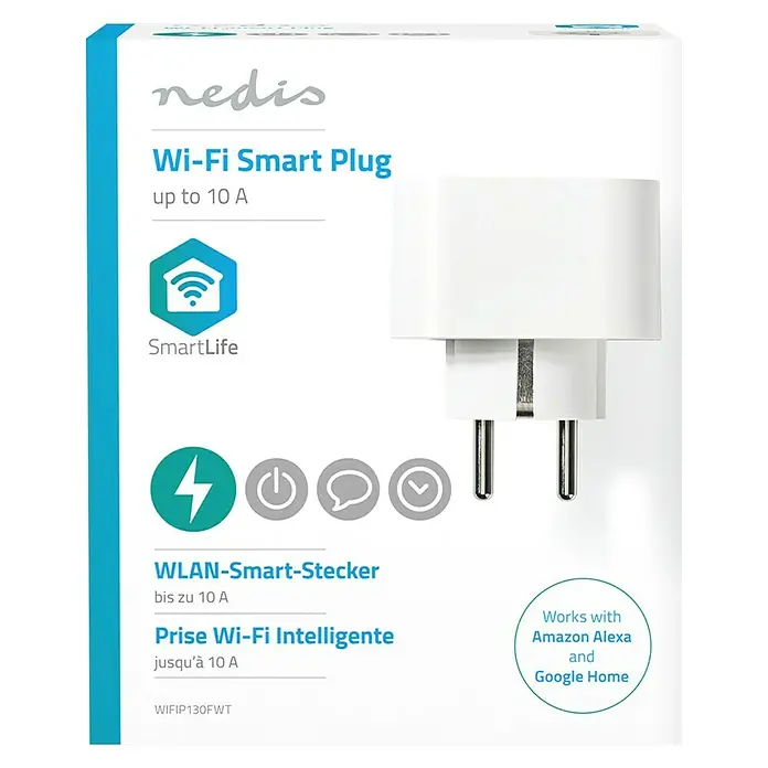 Nedis Smartlife WiFi-Schaltsteckdose - Weiß, Max. Anschlussleistung: 2.500 W, 220 - 250 V, 10 A - Vorderansicht