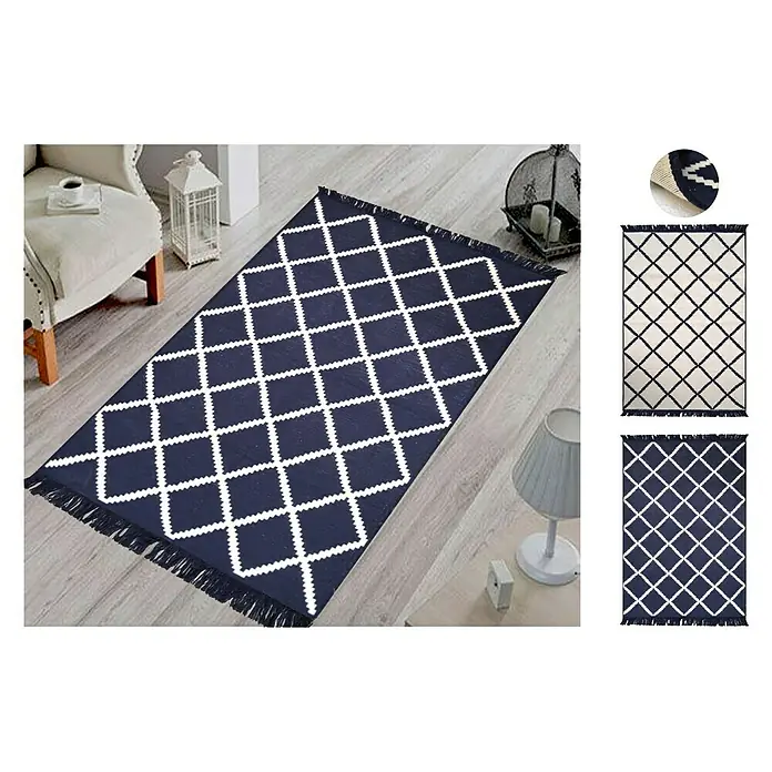 Teppich Kelim Raute - Schwarz/Weiß, Weiß/Schwarz, 120 x 80 cm, 100 % Baumwolle - Stimmungsaufnahme
