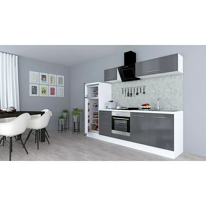 Respekta Premium Küchenzeile RP270WGCBO - Breite: 270 cm, Mit Elektrogeräten, Grau Hochglanz - Stimmungsaufnahme