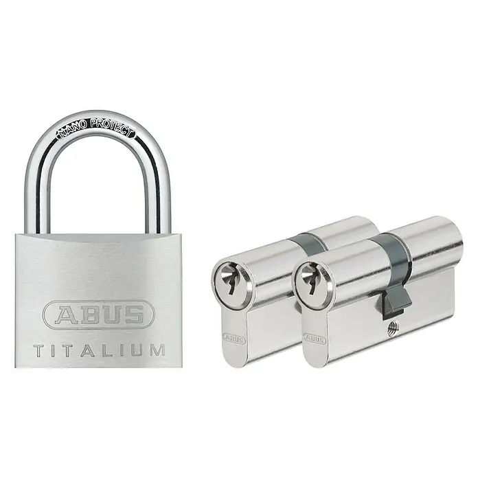 Abus Profilzylinder-Set - 2 x Profilzylinder 30/30 mm, 2 x Schlüssel, 1 x Vorhängeschloss, 2 x Profilzylinderschraube, Baulänge innen: 30 mm, Baulänge außen: 30 mm, Anzahl Schlüssel: 6 Stk. - Vorderansicht