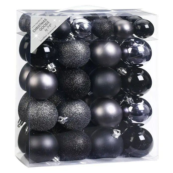 Christbaumkugel-Mix - Schwarz, Grau, Kunststoff, Durchmesser: 4 cm - 6 cm, 50 Stk. - Vorderansicht