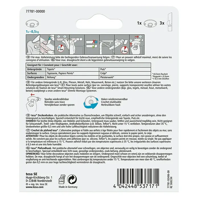 Tesa Deckenhaken - Belastbarkeit: 500 g, Weiß - Rückansicht