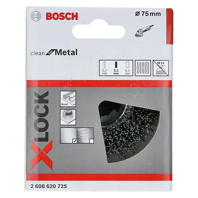 Bosch Professional X-Lock Topf-Drahtbürste Heavy for Metal - Passend für: Winkelschleifer, Durchmesser Topf: 75 mm, Art Draht: Gewellt - Vorderansicht