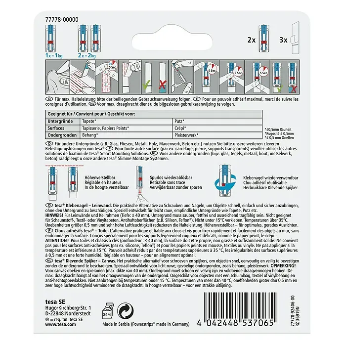 Tesa Klebenagel - Geeignet für: Leinwände, Belastbarkeit: 1 kg, 2 Stk., Blau - Rückansicht