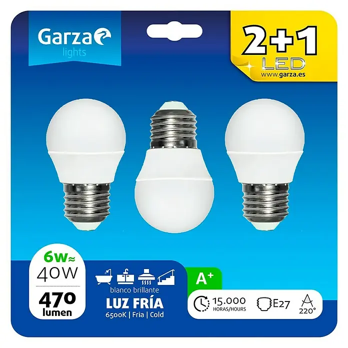 Garza Bombilla LED - 3 uds., 6 W, E27, Color de luz: Blanco frío