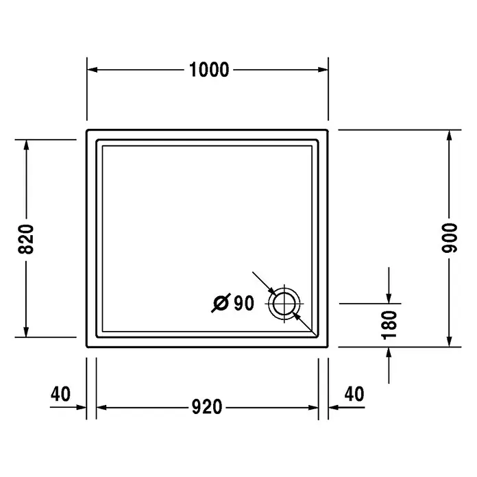 Duravit Duschwanne Starck Slimline - L x B: 100 x 90 cm, Kunststoff, Weiß, Ohne Antirutsch-Oberfläche - Skizze