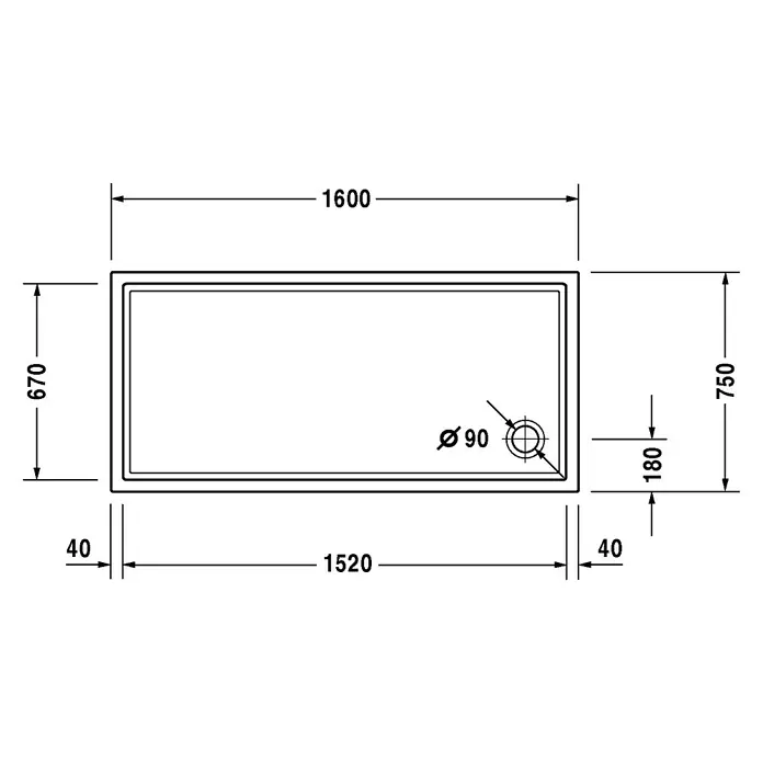 Duravit Duschwanne Starck Slimline - L x B: 160 x 75 cm, Kunststoff, Weiß, Ohne Antirutsch-Oberfläche - Skizze