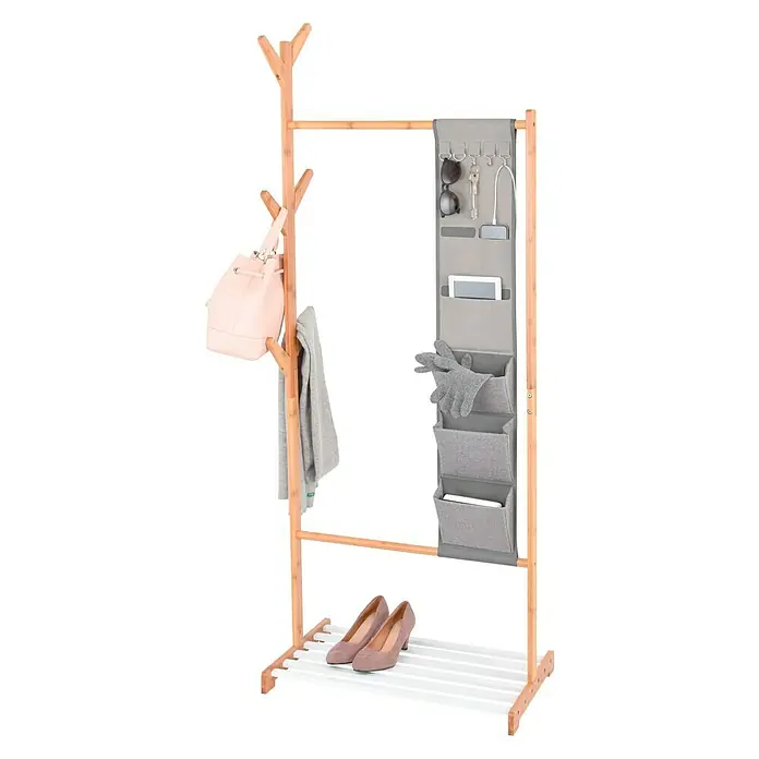 Perchero de pie con organizador colgante - L x An x Al: 38 x 65 x 167 cm, Número de ganchos: 6, Bambú/blanco