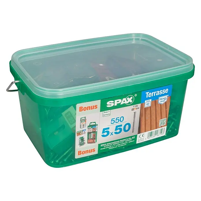 Spax Terrassenschraube Bonus Set T-Star Plus - Ø x L: 5 x 50 mm, Edelstahl rostfrei A2, Blank, 555 -tlg. - Linke Seitenansicht