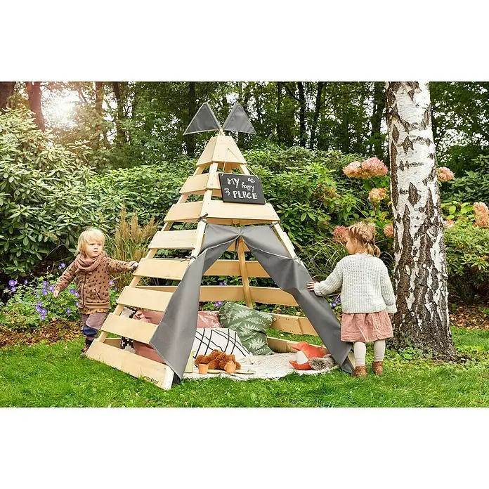 Muddy Buddy Tipi-Zelt Dreamer - L x B: 135 x 135 cm, Holz, Natur/Warmgrau - Stimmungsaufnahme