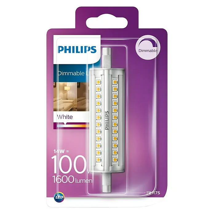 Philips Bombilla LED - 14 W, Color de luz: Blanco cálido, Intensidad regulable, Tubular