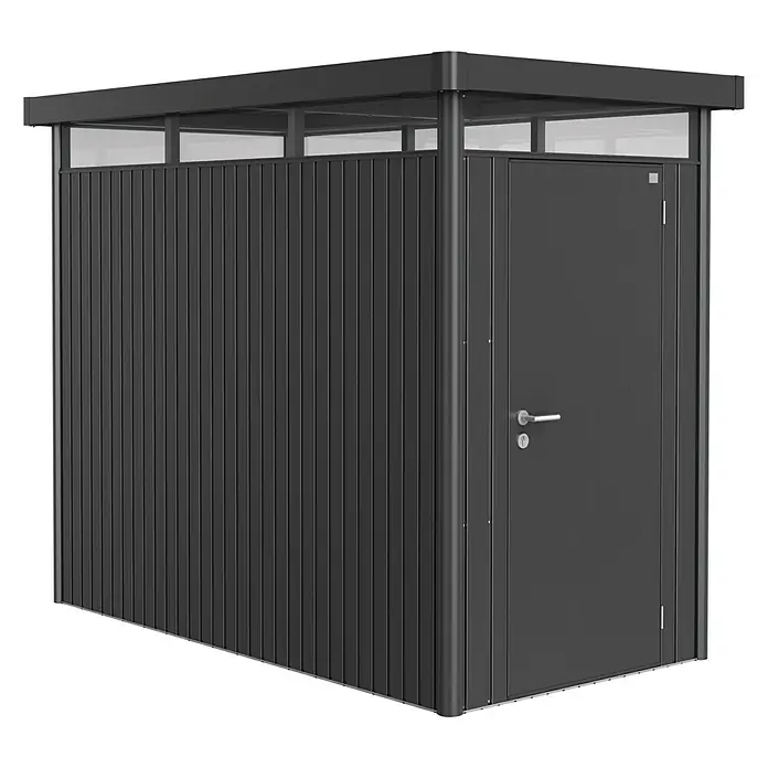 Biohort Gerätehaus HighLine HS - Außenbreite inkl. Dachüberstand: 155 cm, Außentiefe inkl. Dachüberstand: 275 cm, Stahl, Dunkelgrau Metallic - Linke Seitenansicht