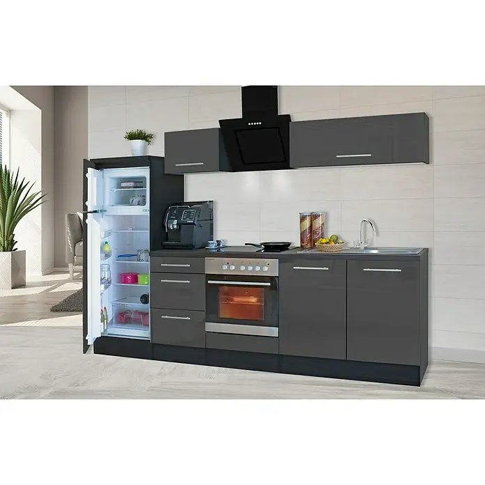 Respekta Premium Küchenzeile RP270EGCBO - Breite: 270 cm, Mit Elektrogeräten, Grau Hochglanz