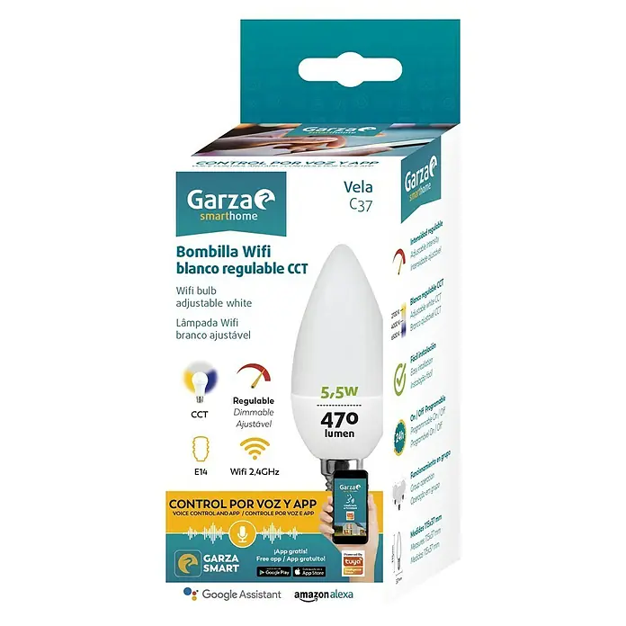 Garza Smart Home Bombilla LED - 5,5 W, E14, Color de luz: Blanco neutro, Intensidad regulable, Redonda