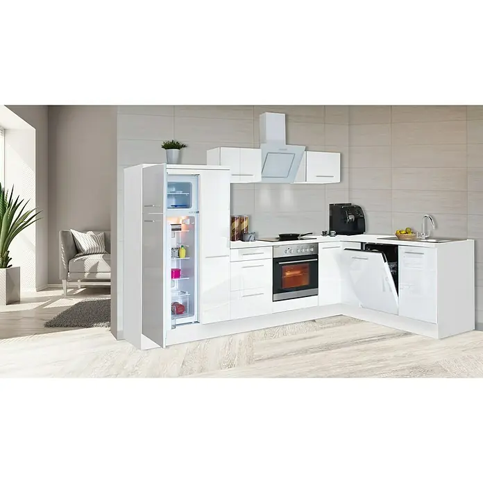 Respekta Premium Winkelküche RP290WWCBO - 200 x 290 cm, Mit Elektrogeräten, Weiß Hochglanz