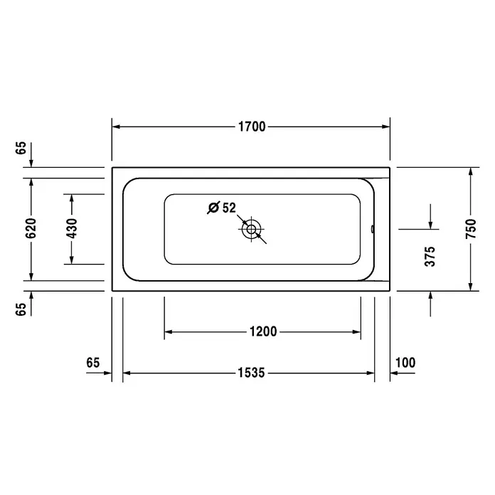 Duravit D-Code Badewanne - 170 x 75 cm, Ablauf: Mittig, Sanitäracryl, Weiß - Vorderansicht