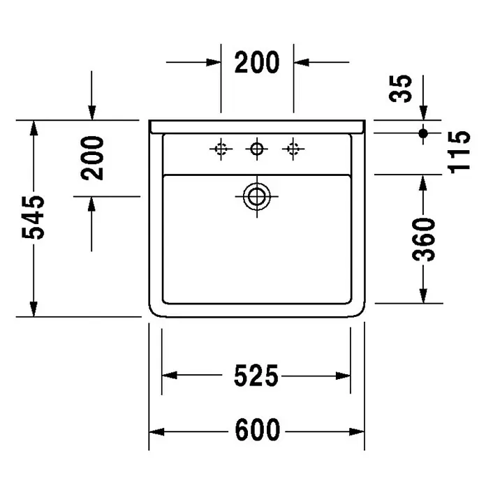 Duravit Starck 3 Waschtisch Vital - 60 x 54,5 cm, Mit schmutzabweisender Glasur, Hahnloch: Mitte, Mit Überlauf, Weiß - Skizze